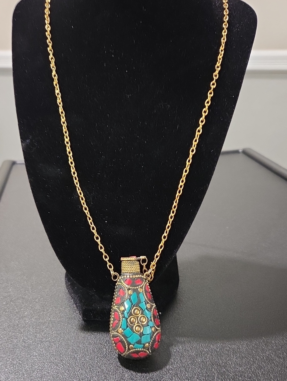 Gold-Tone Mosaic Teardrop Perfume Pendant Necklace 30"